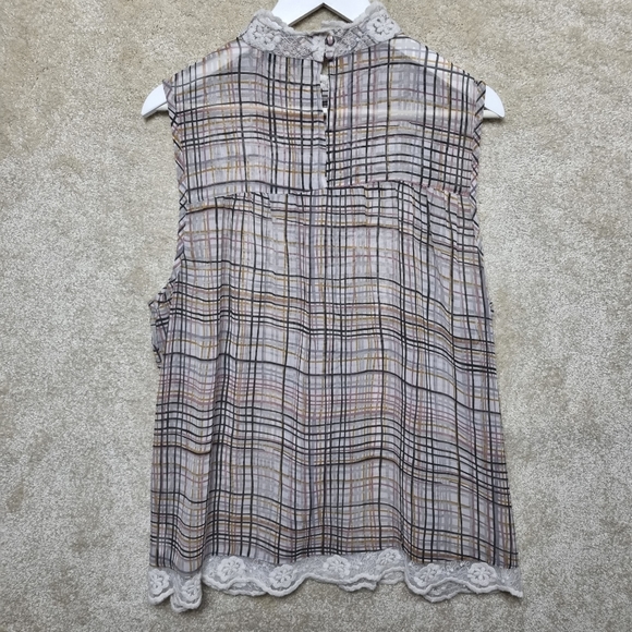 Next Chiffon Top 20 Check Lace Detail Beige High Neck Semi Sheer - Picture 2 of 7